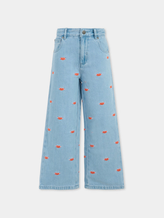Jeans azzurri per bambina con bocca ricamata,Stella Mccartney Kids,TX6D10 Z3112 626EM