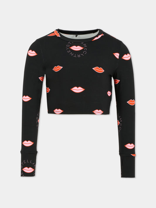 T-shirt crop nera per bambina con stampa bocca,Stella Mccartney Kids,TX8D50 Z3399 930MC