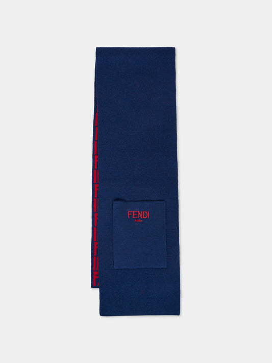 Sciarpa blu per bambini con FF,Fendi Kids,JUQ020 AO29 F08B9
