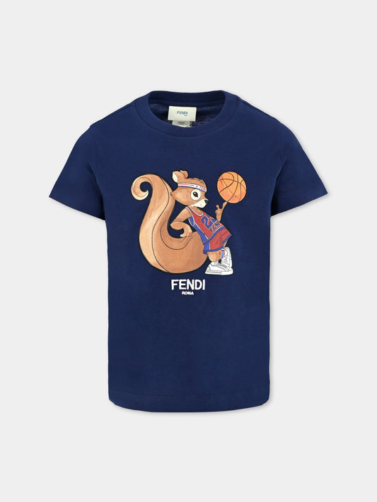 T-shirt blu per bambini con scoiattolo,Fendi Kids,JUI195 7AJ F1I11