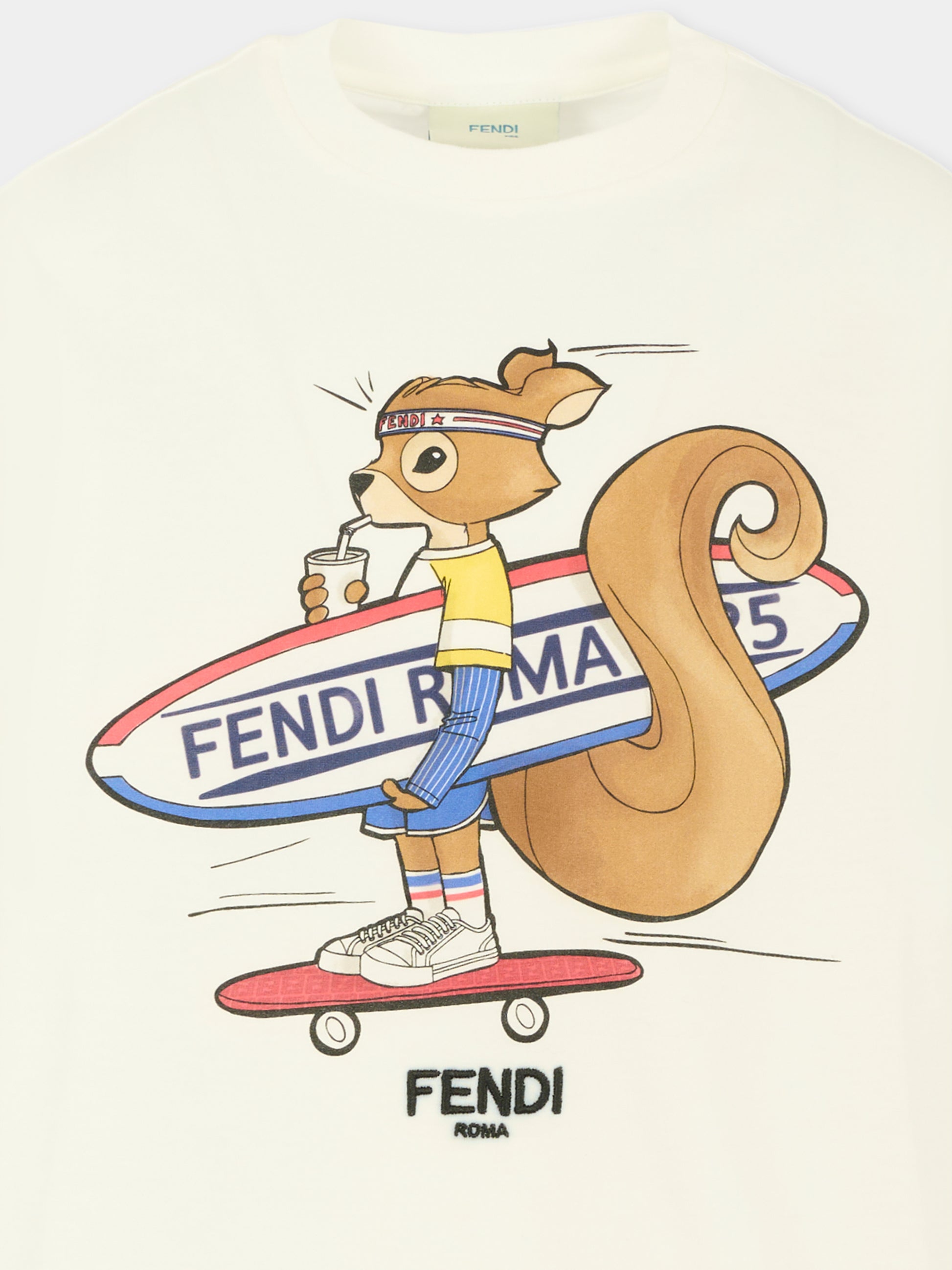 T-shirt bianca per bambina con scoiattolo e logo,Fendi Kids,JUI196 7AJ F0TU9