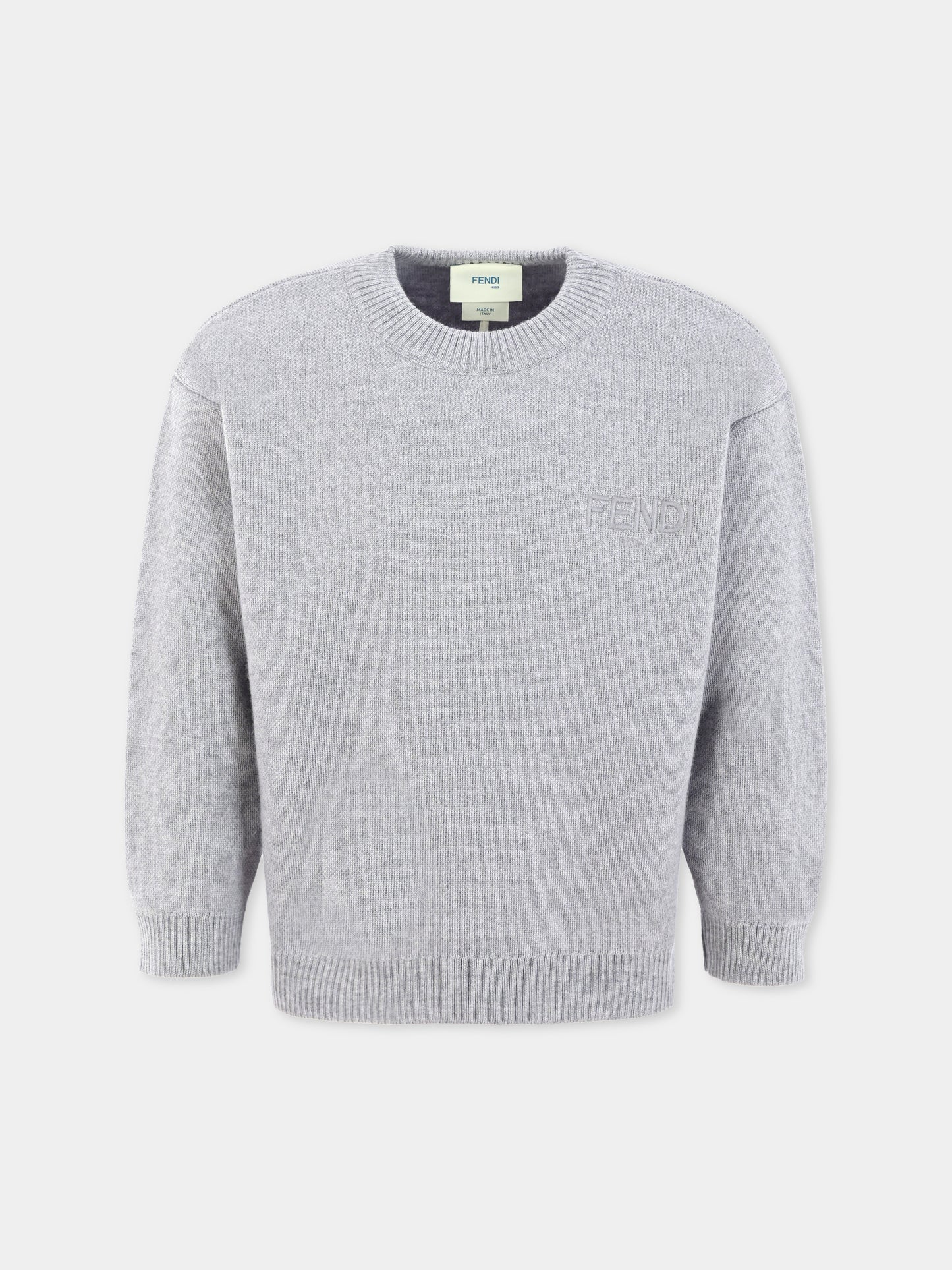 Maglione grigio per bambina con logo ricamato,Fendi Kids,JUG192 AUKU F0WG5