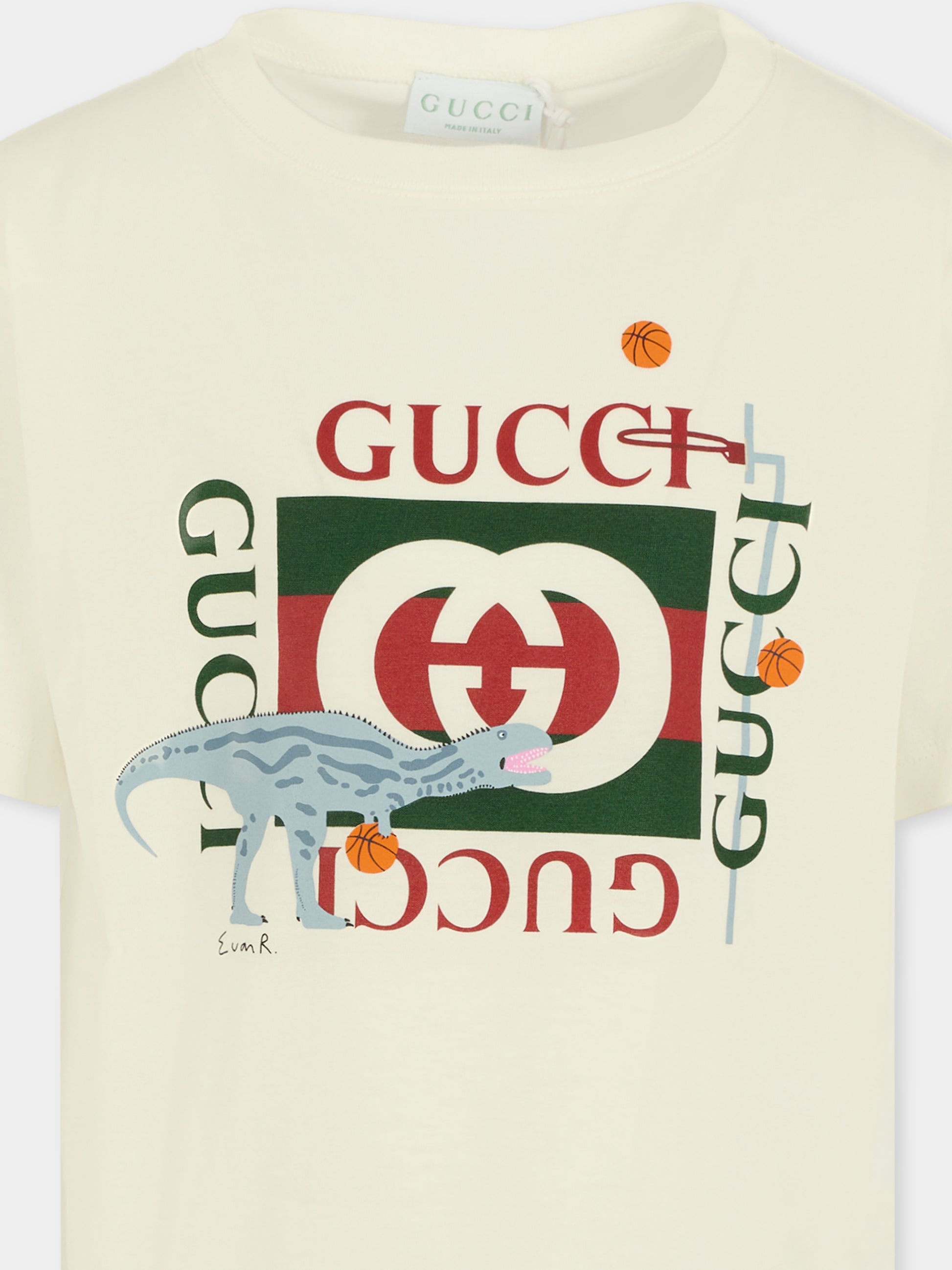 T-shirt bianca per bambini con dinosauro,Gucci Kids,575114 XJHFH 9214