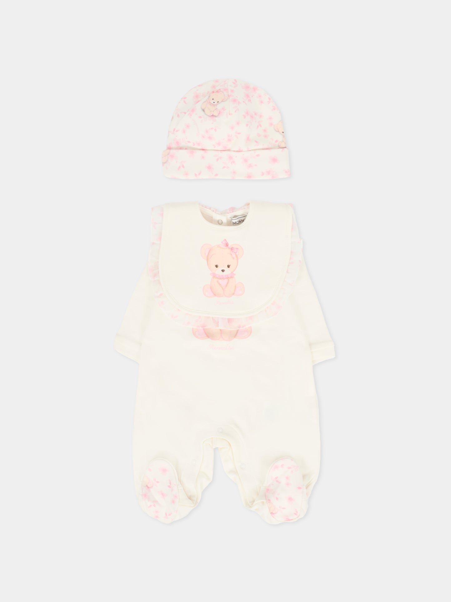 Set tutina avorio per neonata con orsetto rosa,Monnalisa,35F508 6000 0191
