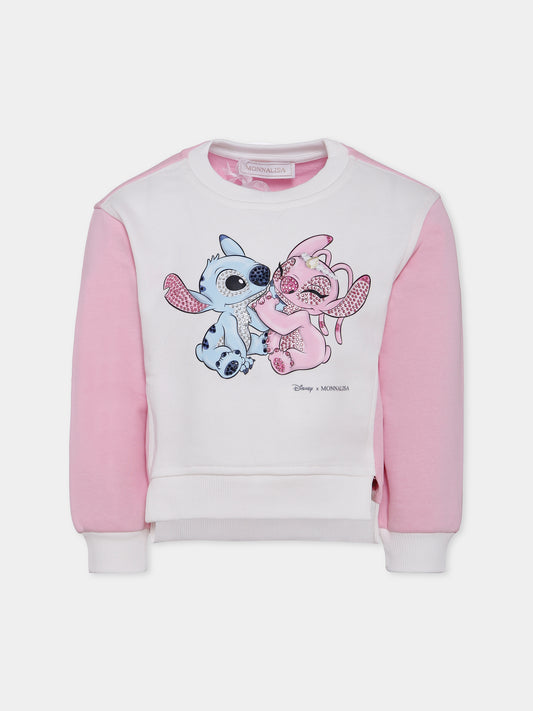 Felpa rosa per bambina con stampa Stitch & Angel,Monnalisa,19F606 6011 0190