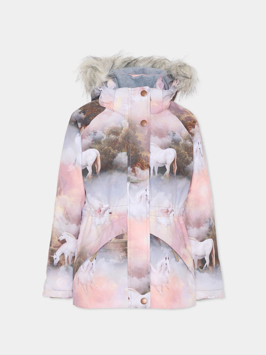 Piumino da neve Cathy Fur rosa per bambina con unicorni,Molo,5W25M310 9364
