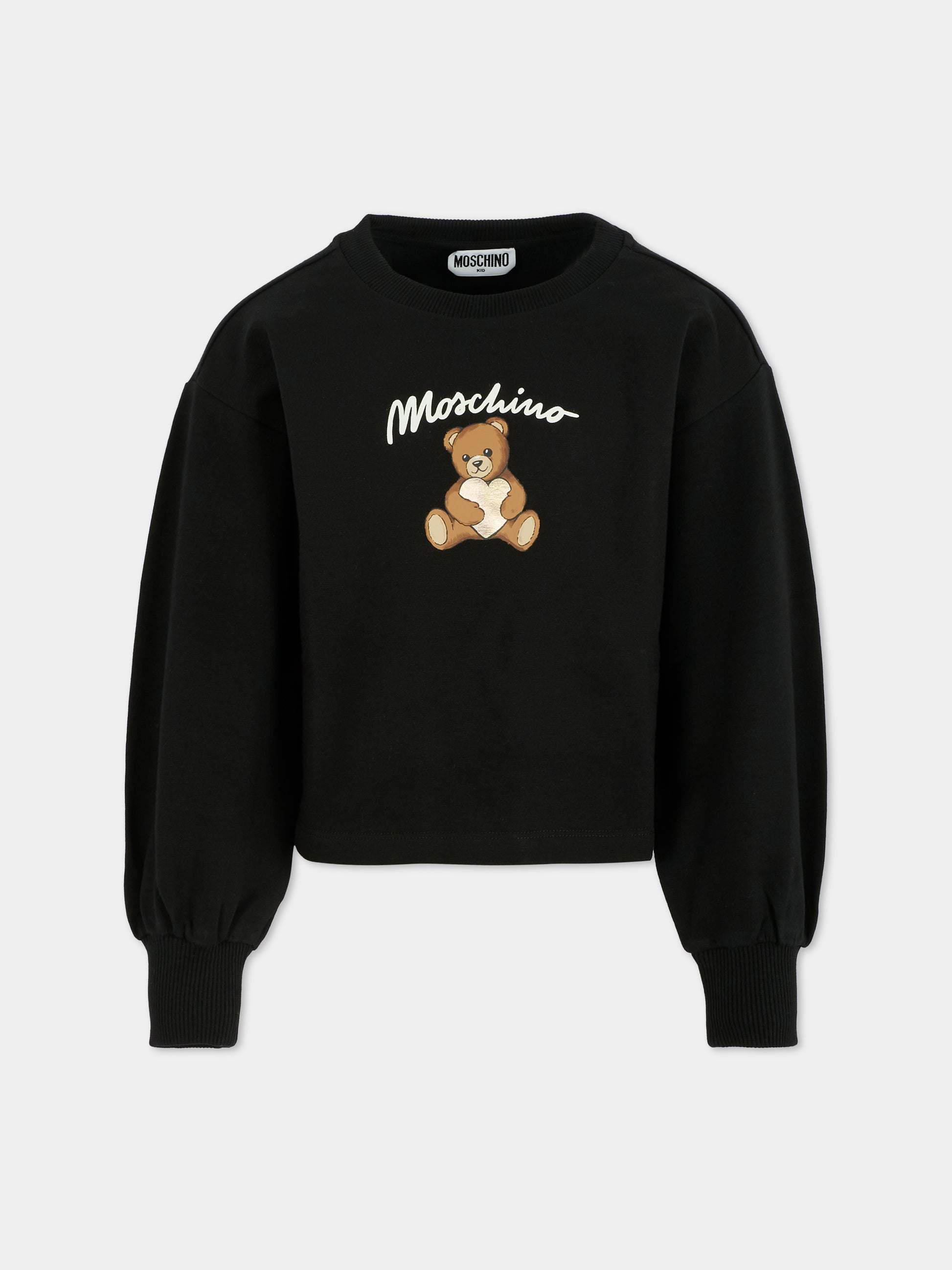 Felpa crop nera per bambina con Teddy Bear e cuore,Moschino Kids,HDF06E LDA14 60100