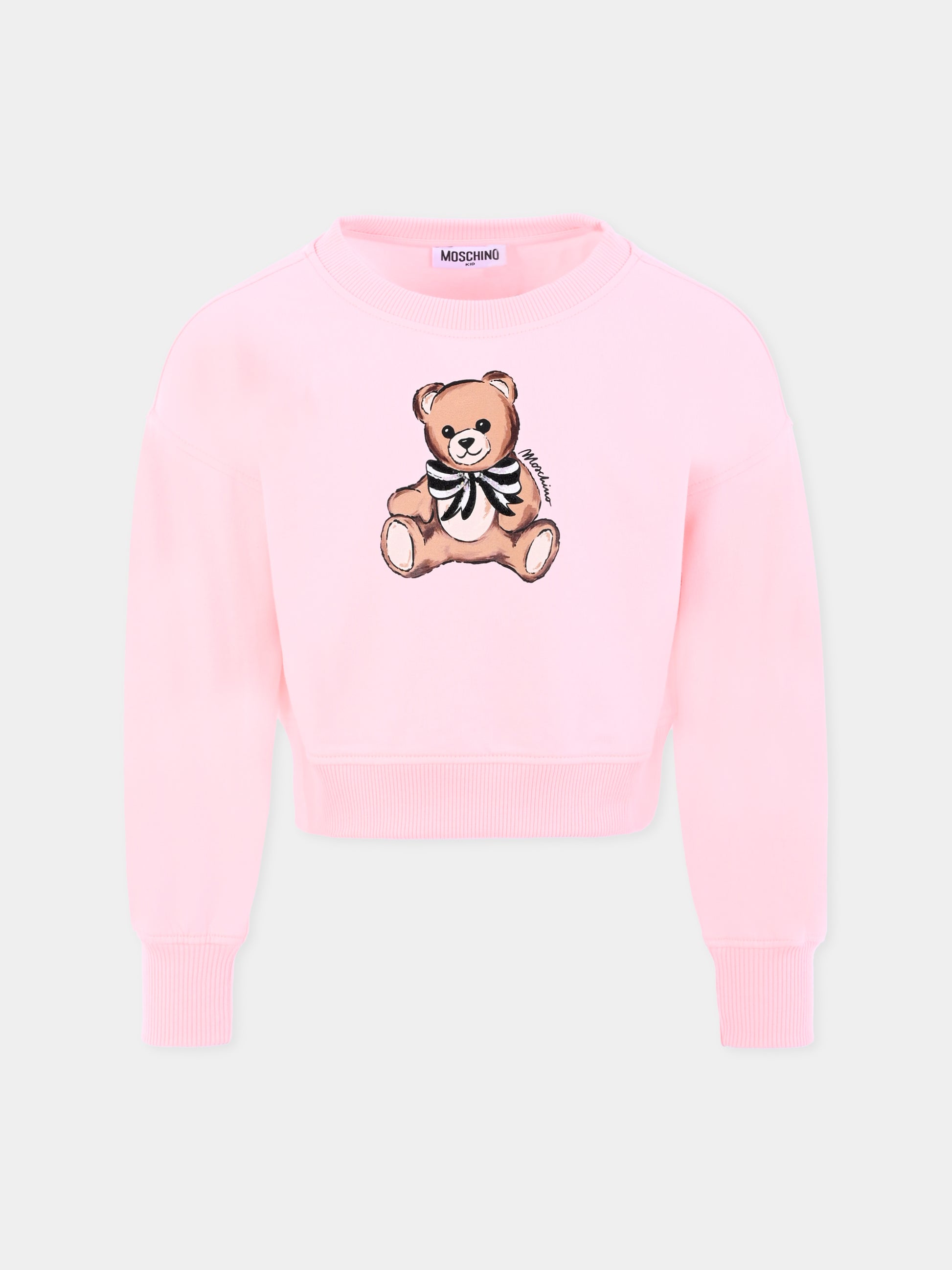 Felpa crop rosa per bambina con Teddy Bear e paillettes,Moschino Kids,HDF06G LDA16 50209