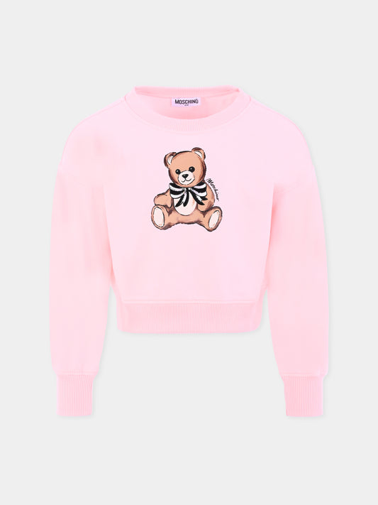 Felpa crop rosa per bambina con Teddy Bear e paillettes,Moschino Kids,HDF06G LDA16 50209