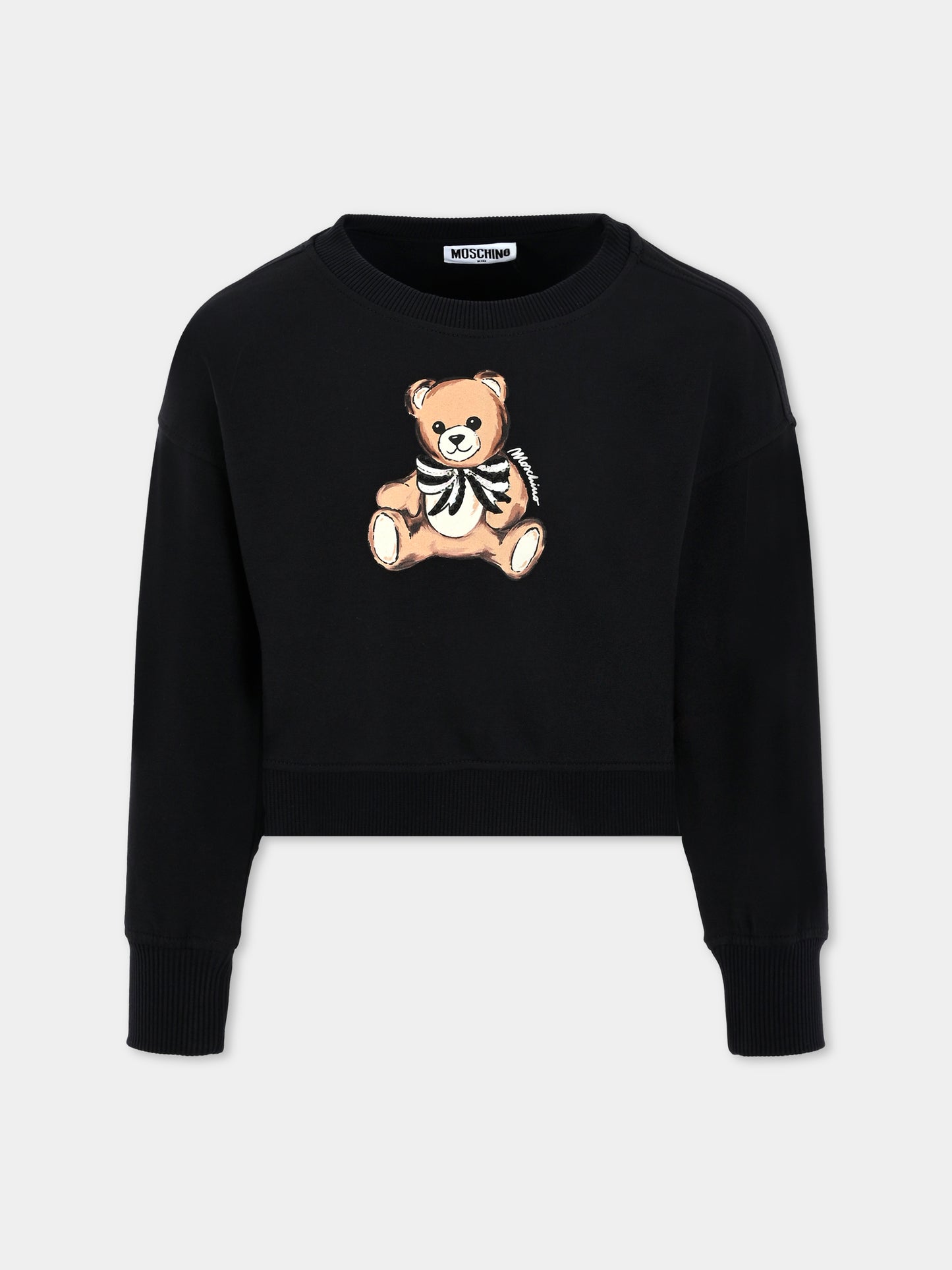 Felpa crop nera per bambina con Teddy Bear e paillettes,Moschino Kids,HDF06G LDA16 60100