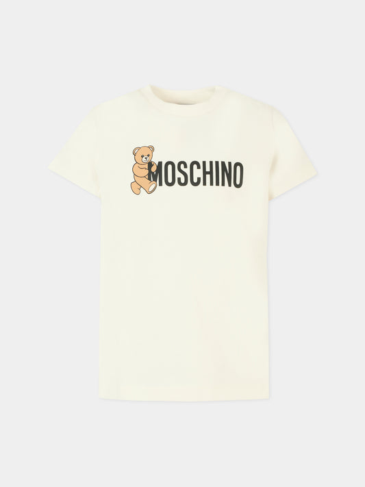 T-shirt avorio per bambini con Teddy Bear e logo,Moschino Kids,HPM058 LAA34 10063