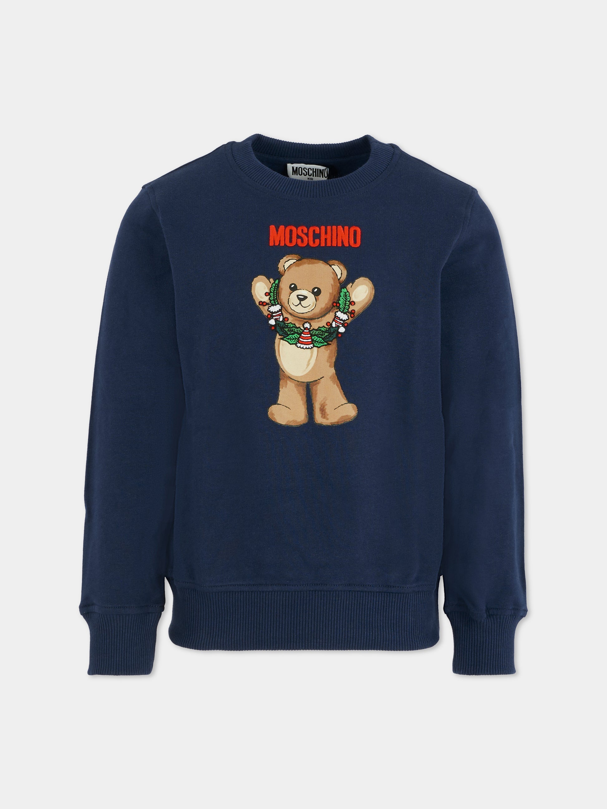 Felpa blu per bambini con Teddy Bear e ghirlanda natalizia,Moschino Kids,HQF08V LCA14 40016
