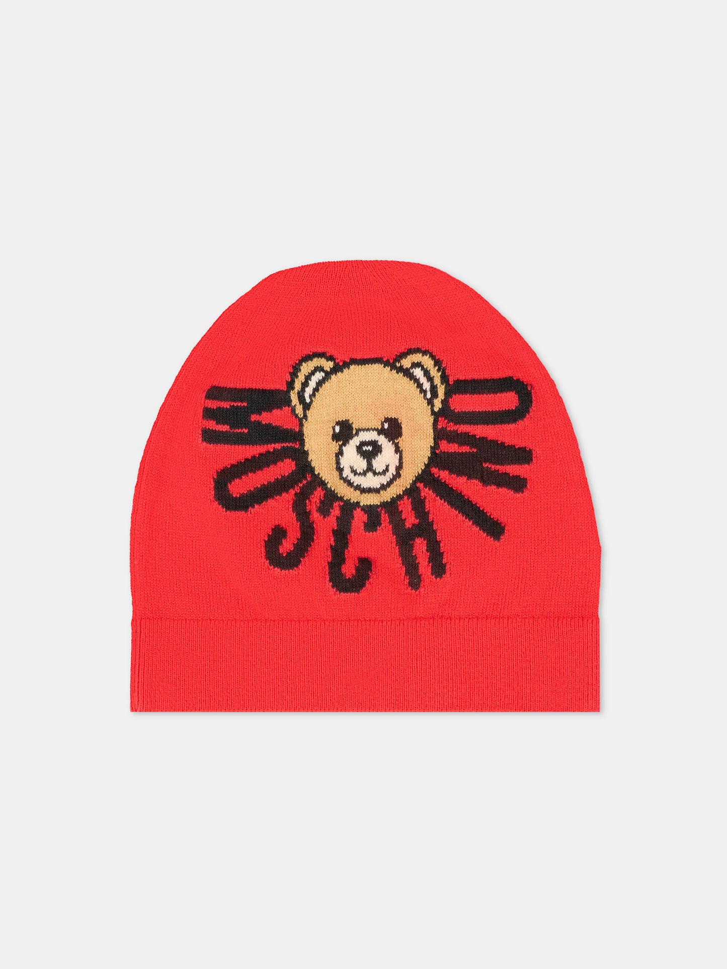 Berretto rosso per bambini con Teddy Bear e logo,Moschino Kids,HUX02O LHE43 50109