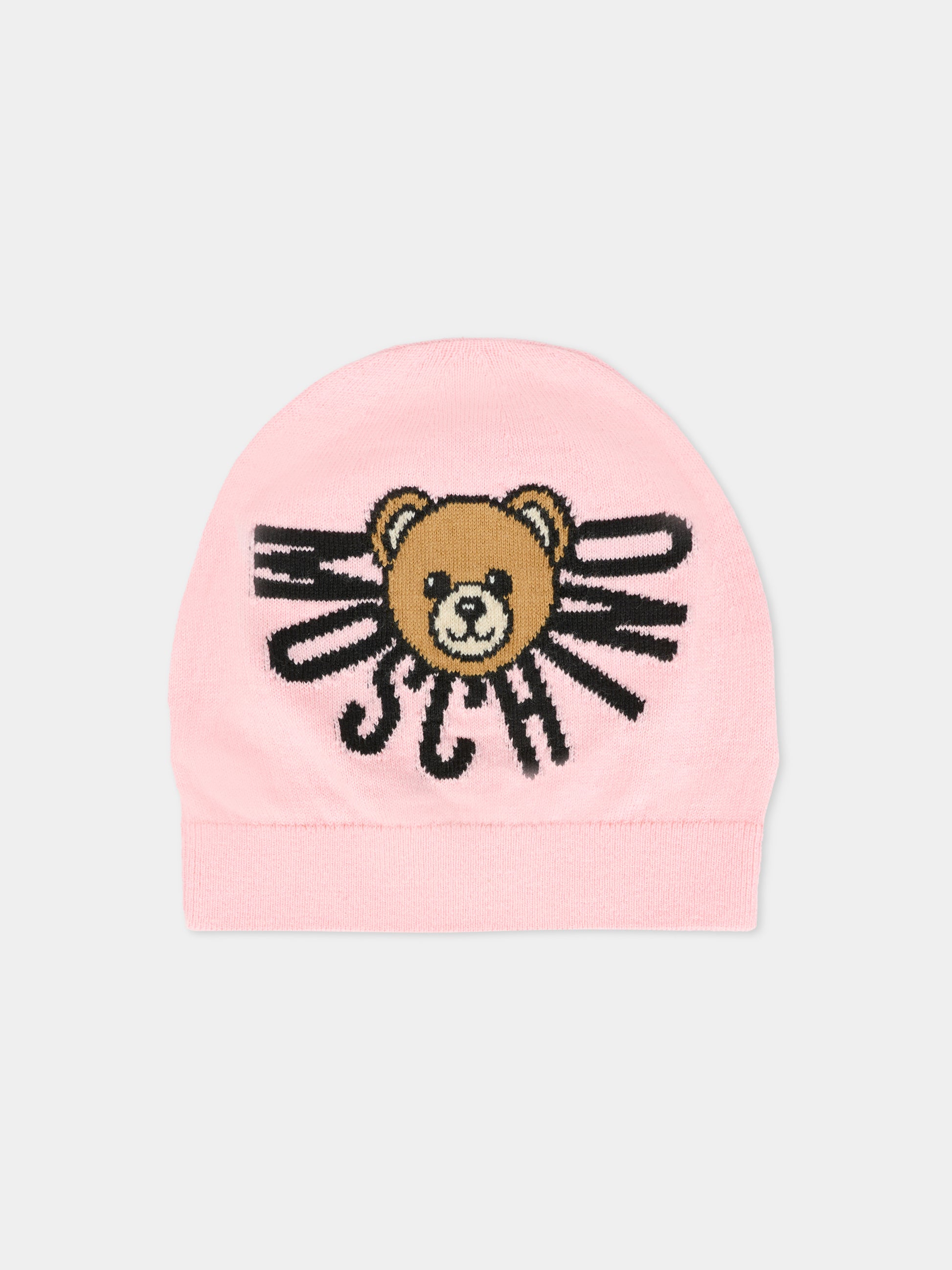 Berretto rosa per bambina con Teddy Bear e logo,Moschino Kids,HUX02O LHE43 50209
