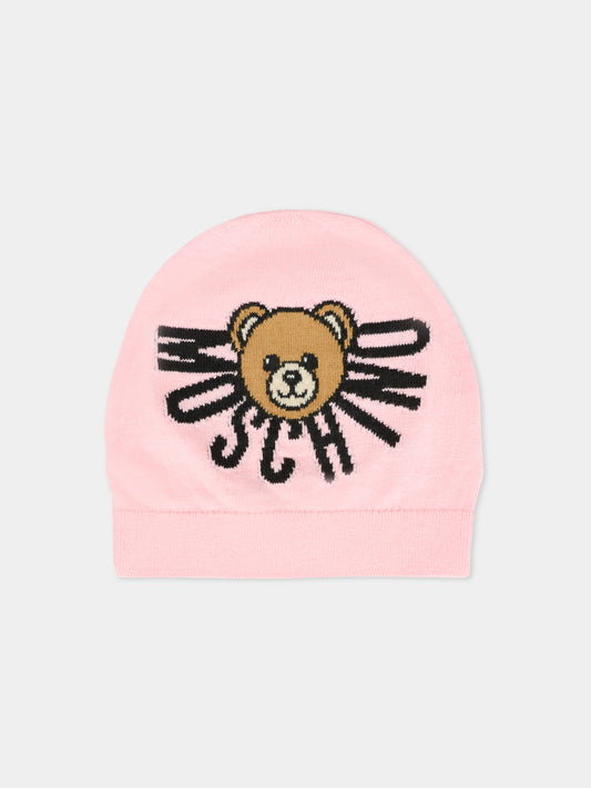 Berretto rosa per bambina con Teddy Bear e logo,Moschino Kids,HUX02O LHE43 50209