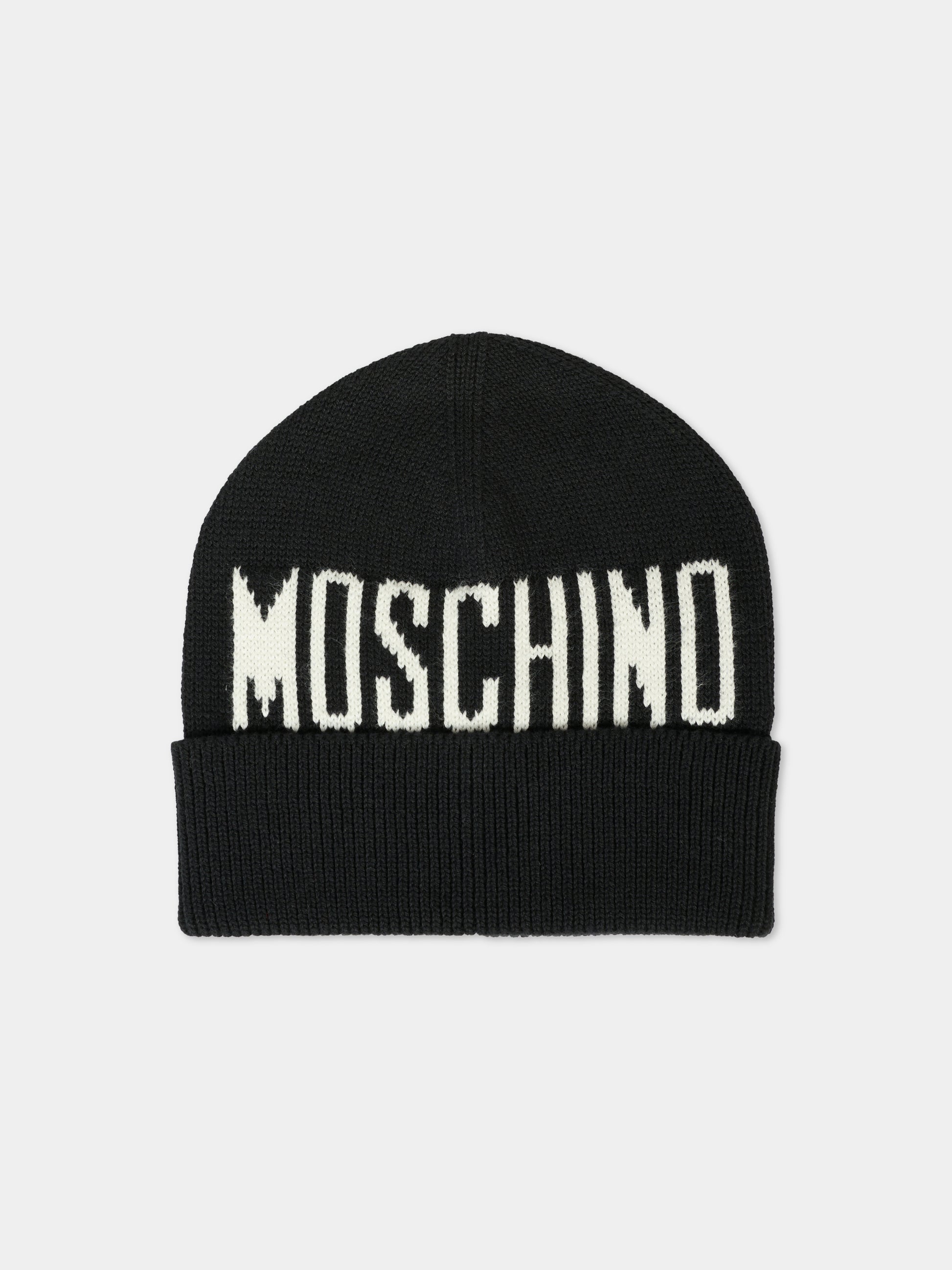 Berretto nero per bambini con logo bianco,Moschino Kids,HUX02P LHE66 60100
