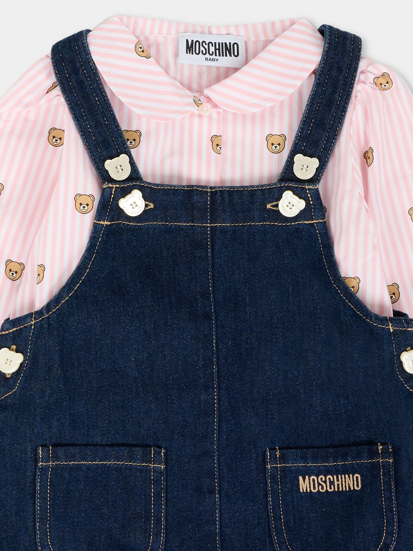 Salopette denim per neonata con Teddy Bear,Moschino Kids,MDK036 L0E34 40109