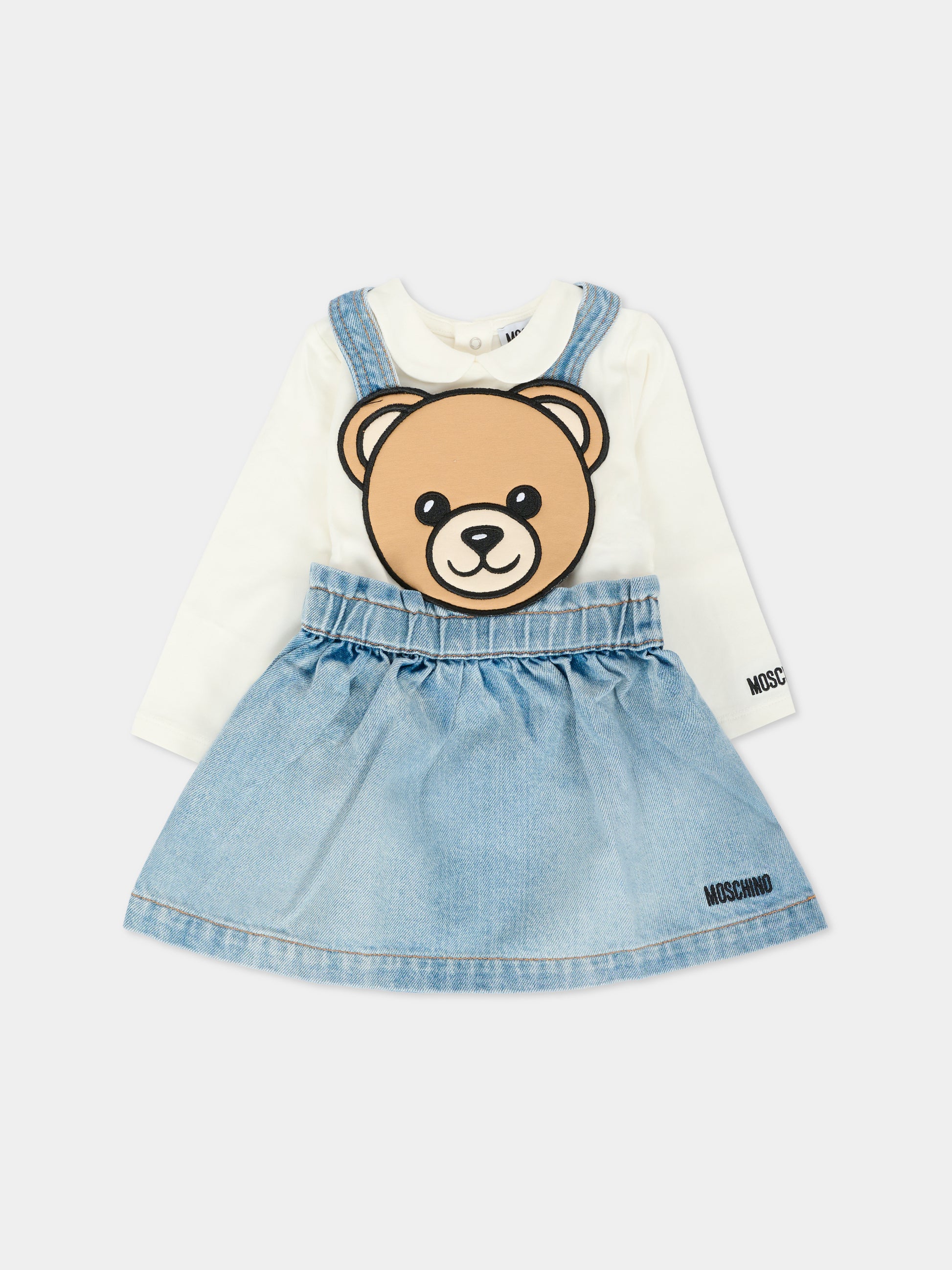 Salopette denim per neonata con Teddy Bear,Moschino Kids,MDK039 L0E36 40059
