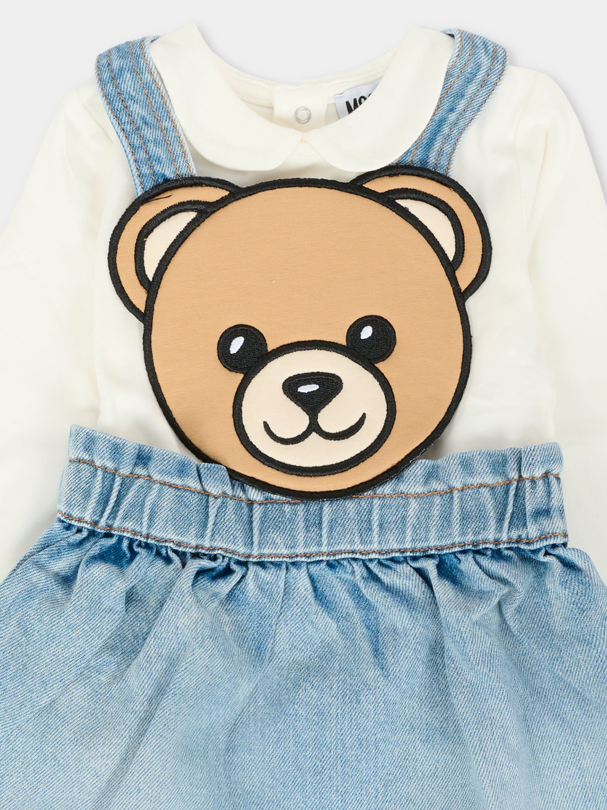 Salopette denim per neonata con Teddy Bear,Moschino Kids,MDK039 L0E36 40059