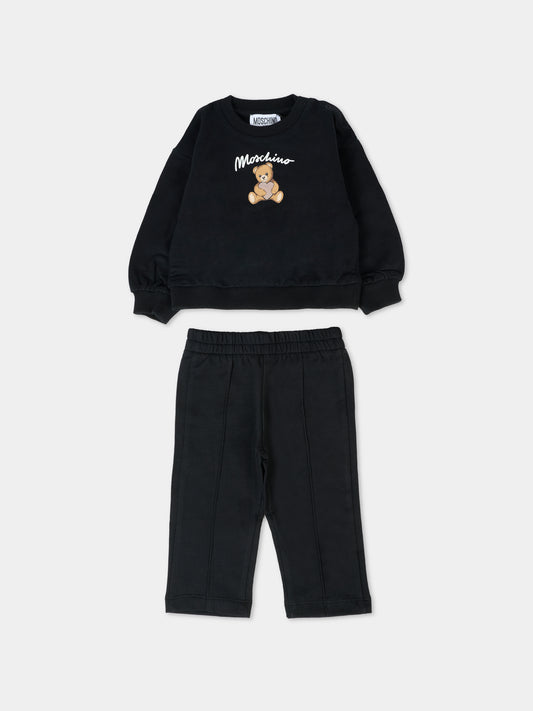 Completo nero per neonata con Teddy Bear con cuore,Moschino Kids,MDK03D LCA40 60100