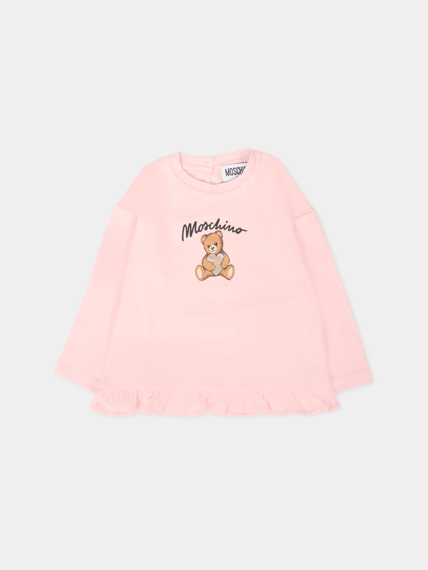 T-shirt rosa per neonata con Teddy Bear e cuore,Moschino Kids,MDO00S LBA11 50209
