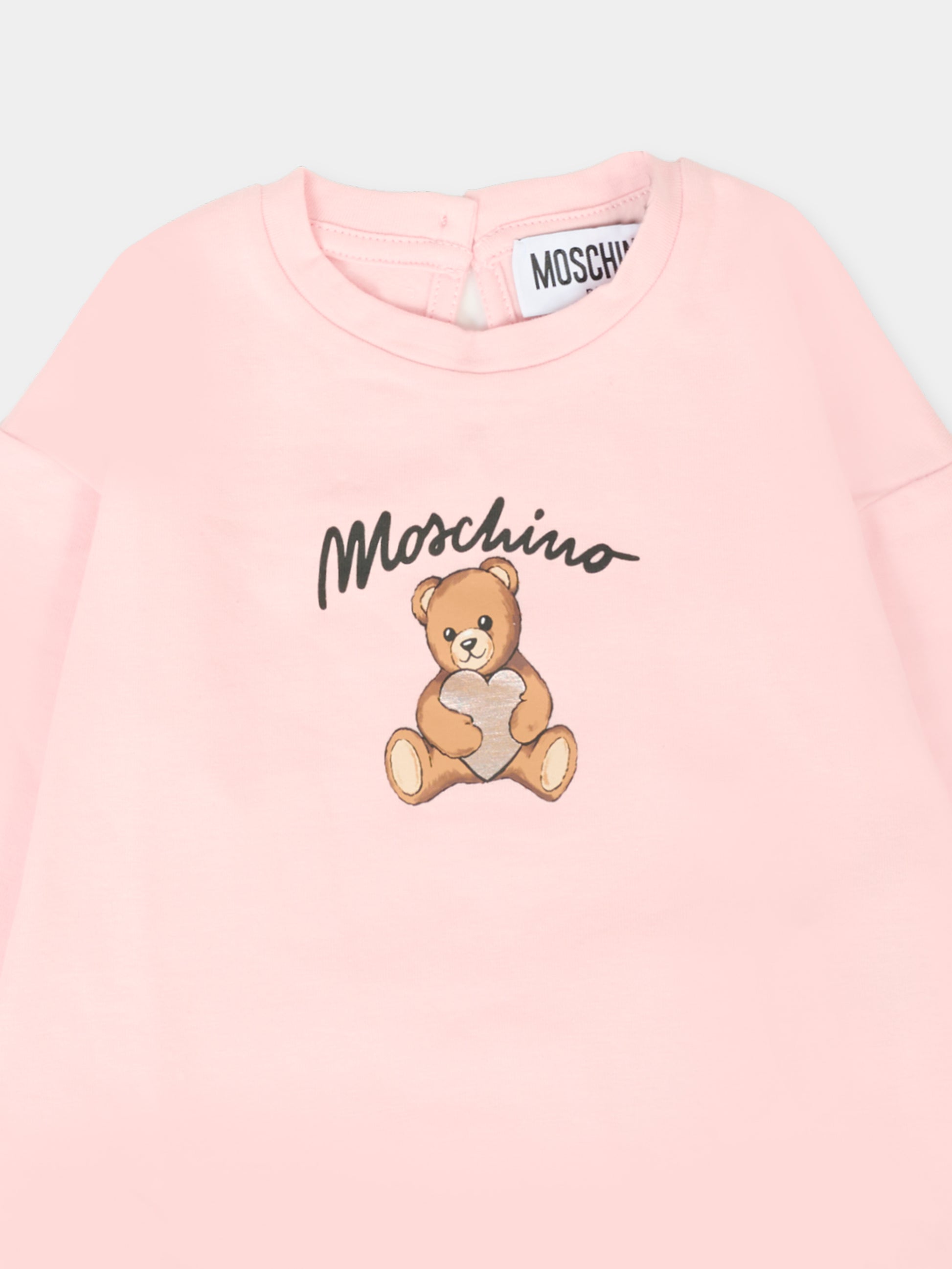T-shirt rosa per neonata con Teddy Bear e cuore,Moschino Kids,MDO00S LBA11 50209