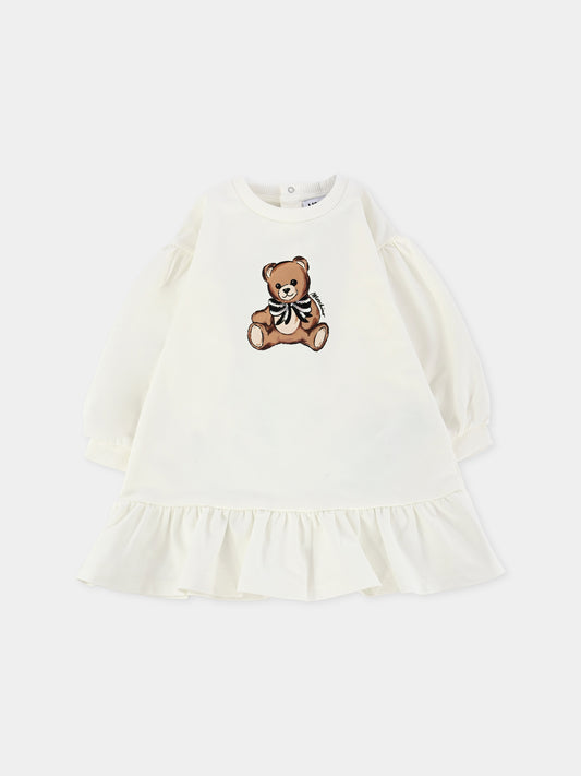Vestito avorio per neonata con Teddy Bear e paillettes,Moschino Kids,MDV0CW LDA16 10063