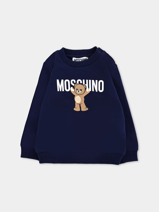 Felpa blu per neonati con logo e Teddy Bear,Moschino Kids,MNF060 LCA40 40016
