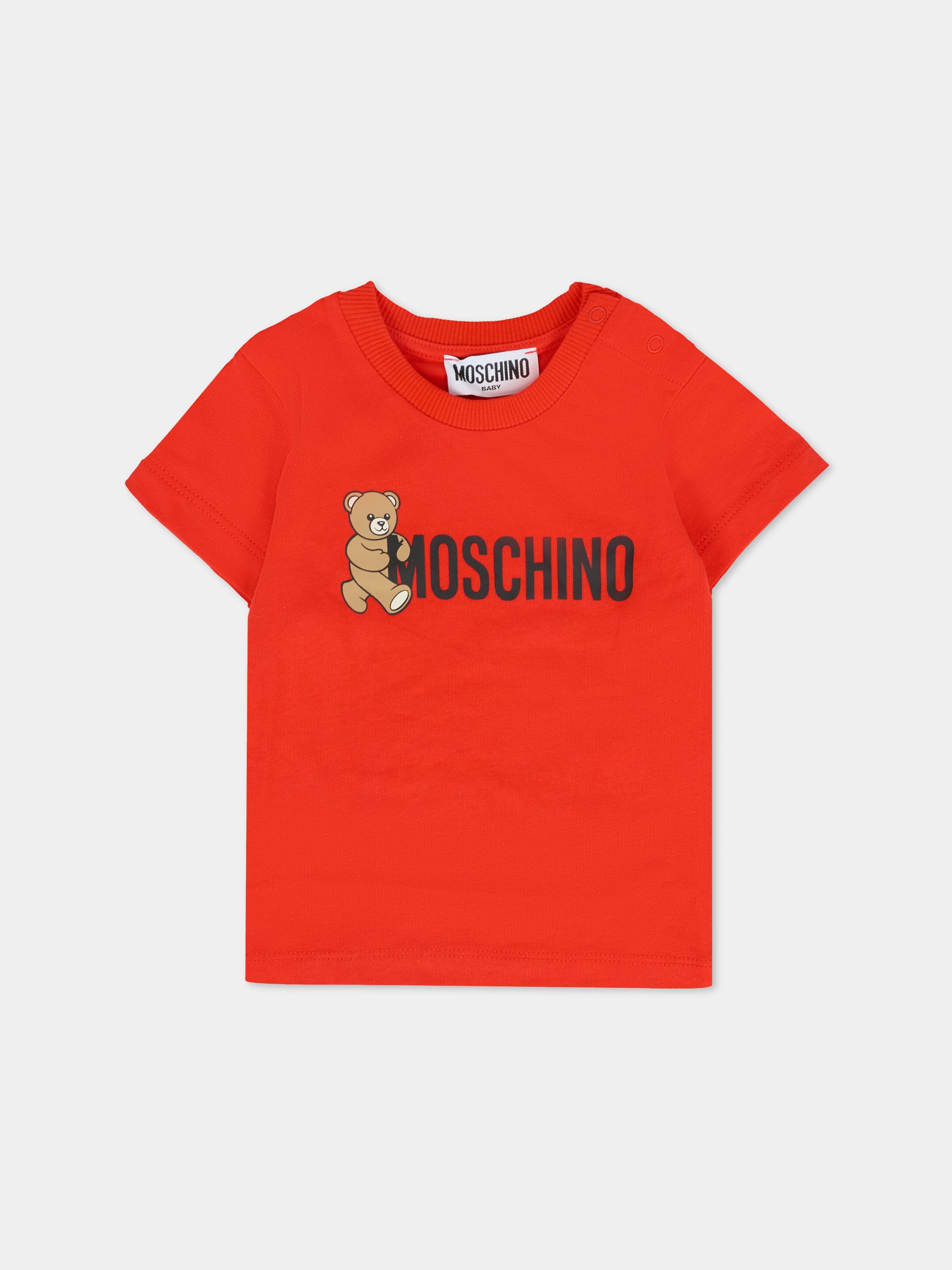 T-shirt rossa per neonati con Teddy Bear e logo,Moschino Kids,MRM047 LAA34 50109