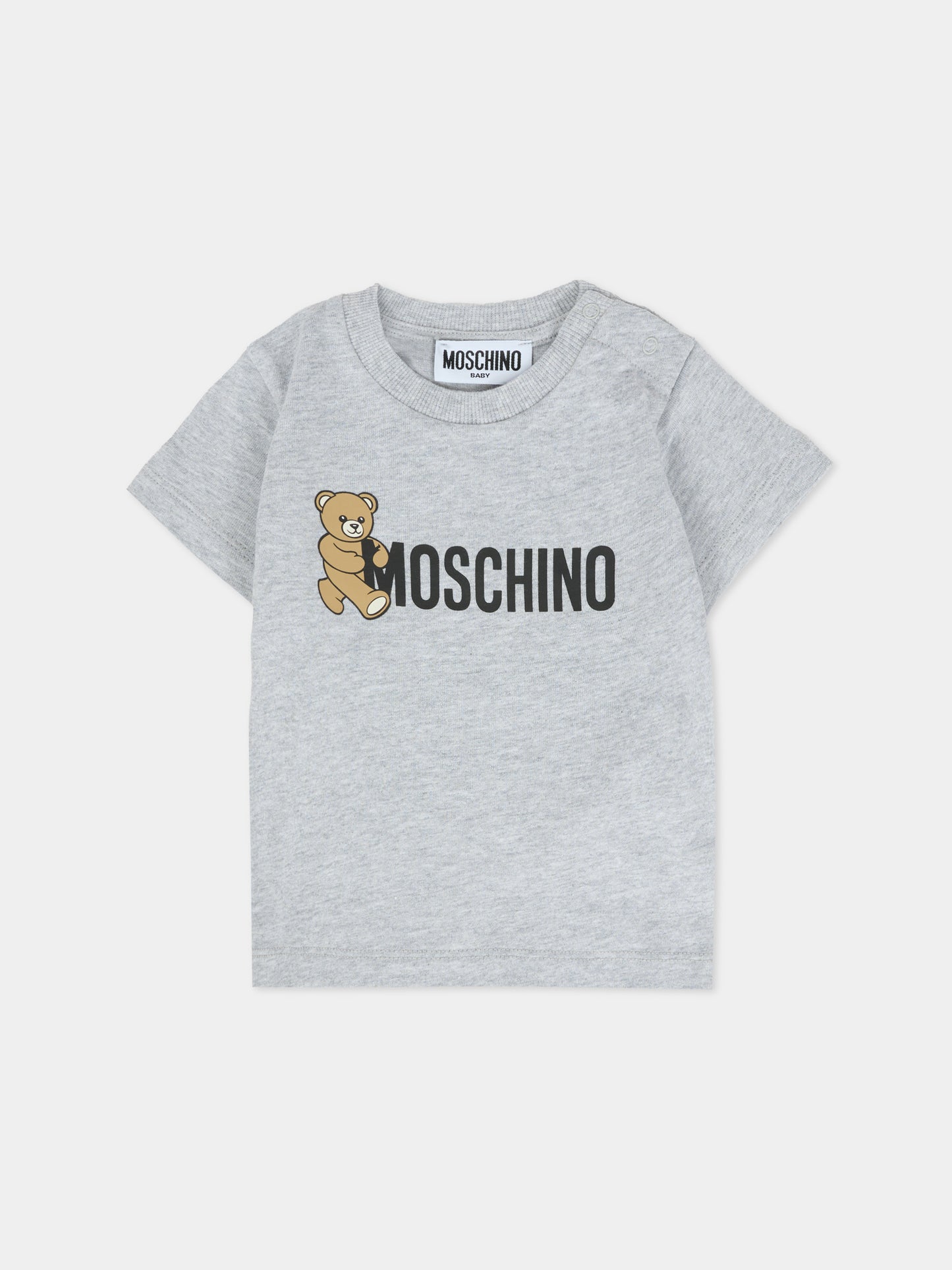 T-shirt grigia per neonati con Teddy Bear e logo,Moschino Kids,MRM047 LAA34 60901