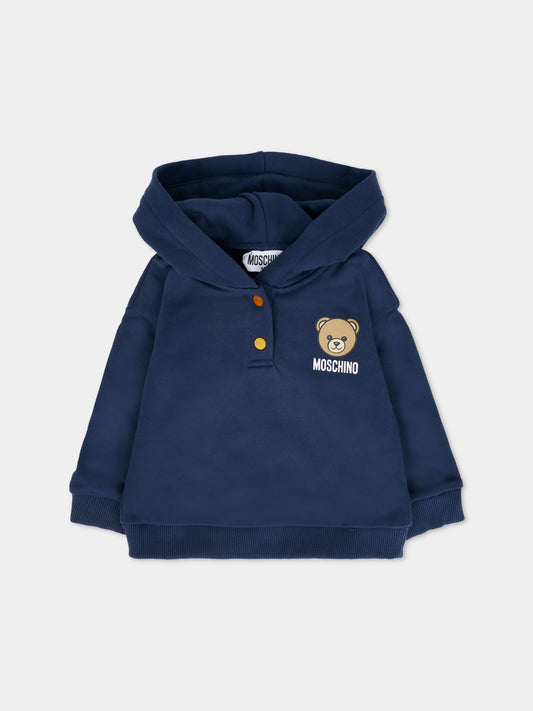Felpa blu per neonati con Teddy Bear e logo,Moschino Kids,MUF05Z LCA15 40016