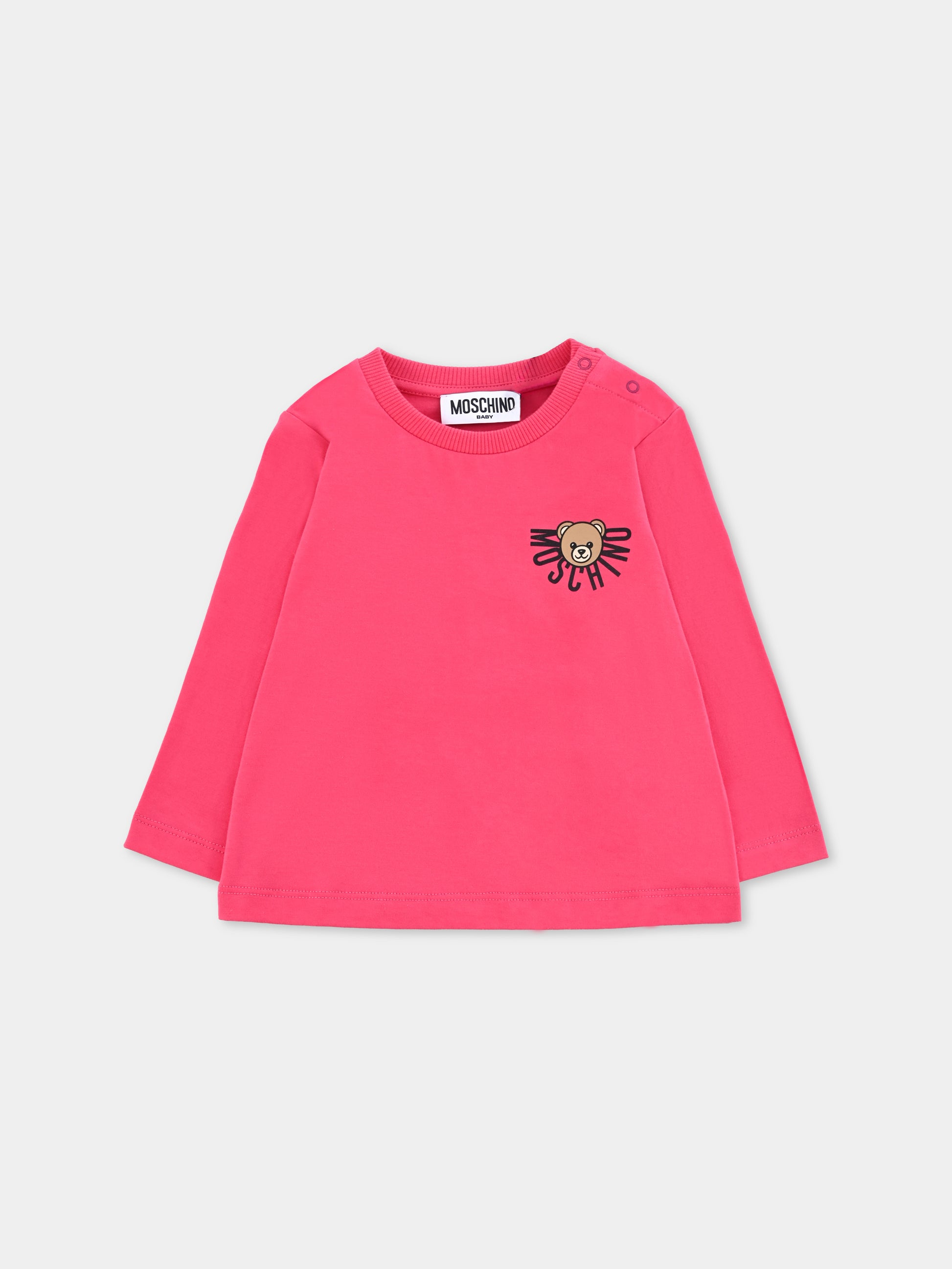T-shirt fucsia per neonata con logo e Teddy Bear,Moschino Kids,MVO00R LAA10 50541