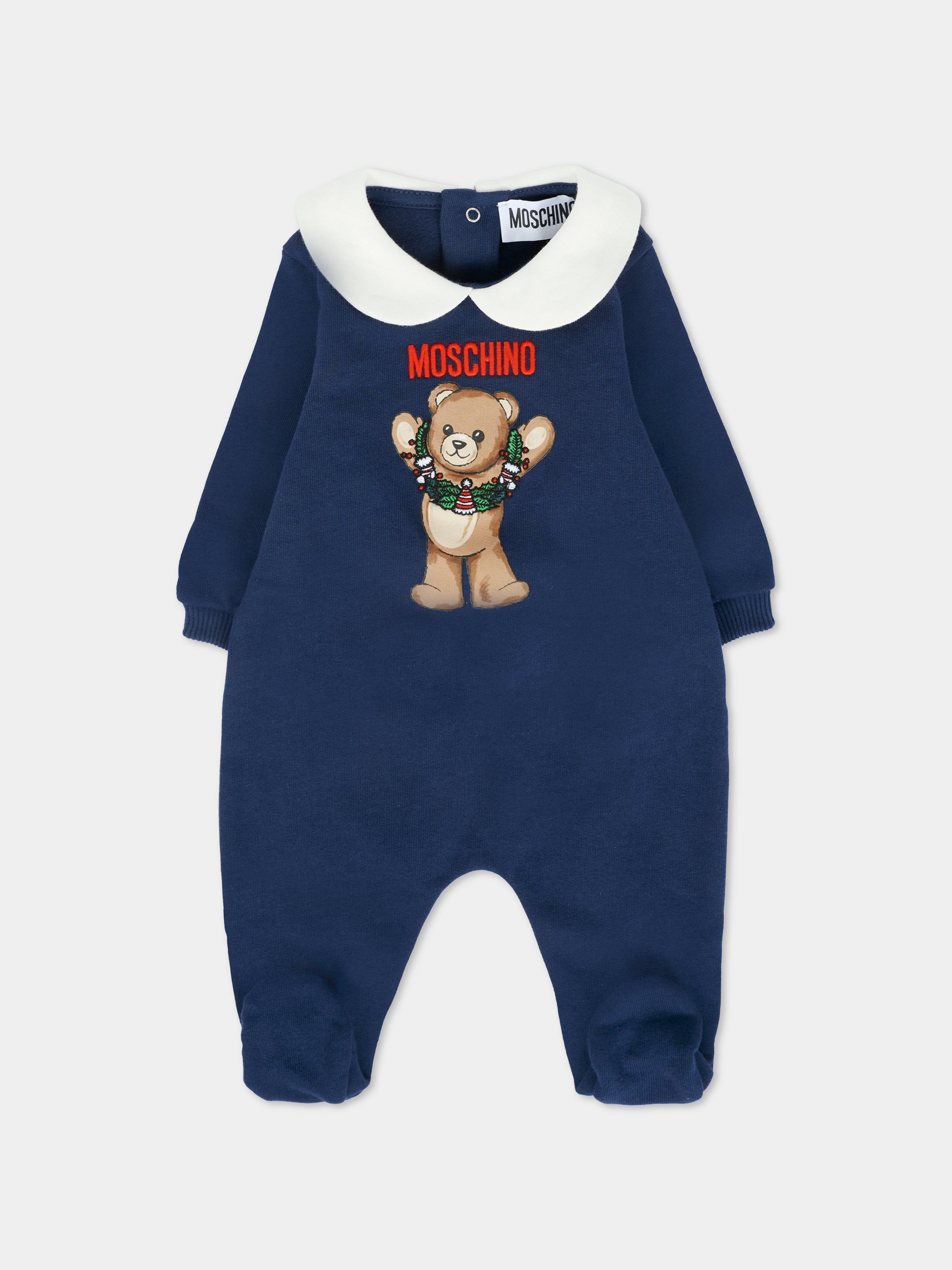 Tutina blu per neonato con Teddy Bear e ghirlanda natalizia,Moschino Kids,MYY037 LCA14 40016