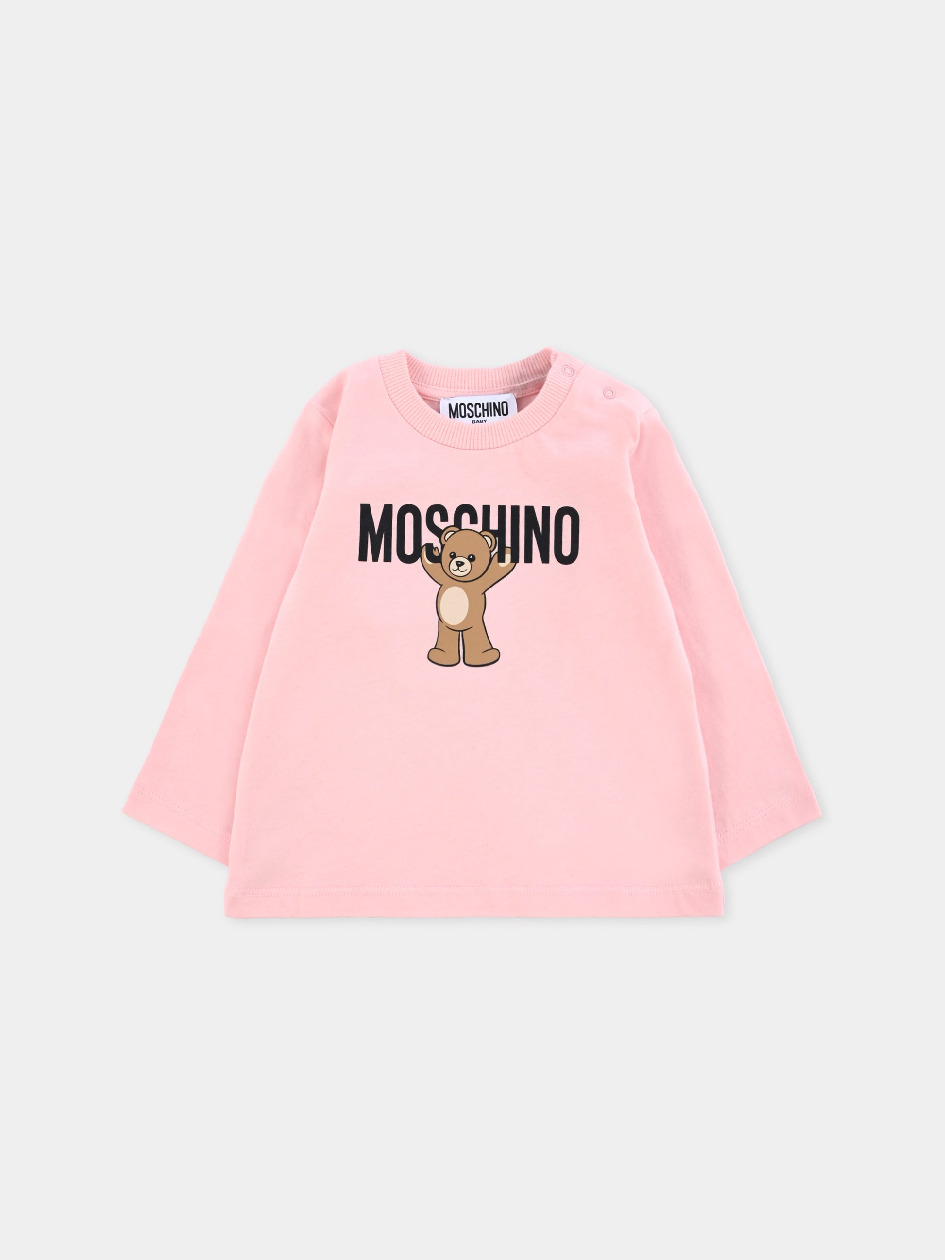 T-shirt rosa per neonata con logo e Teddy Bear,Moschino Kids,MZO00R LAA10 50209