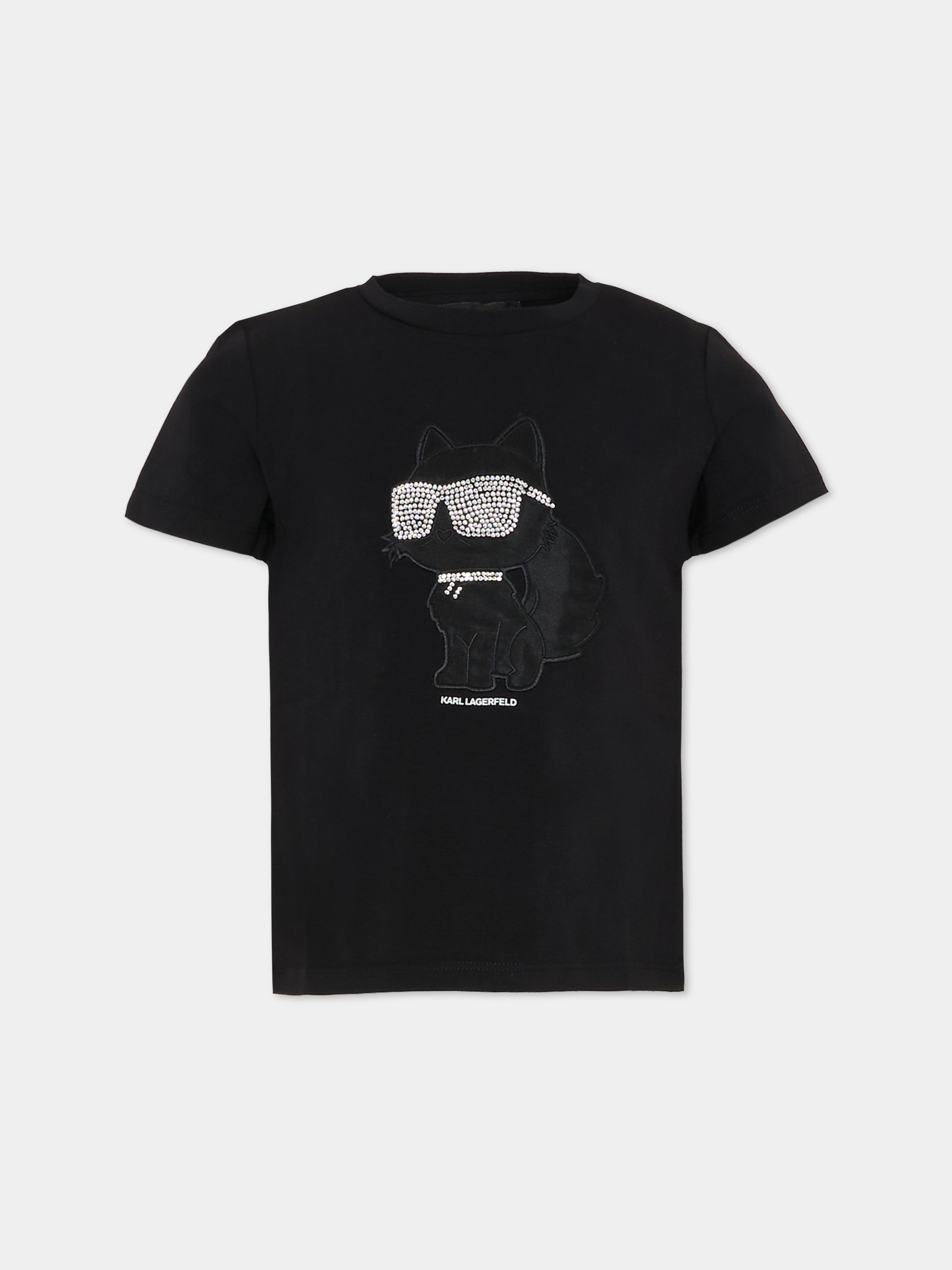 T-shirt nera per bambina con Choupette e strass,Karl Lagerfeld Kids,Z30945 09B