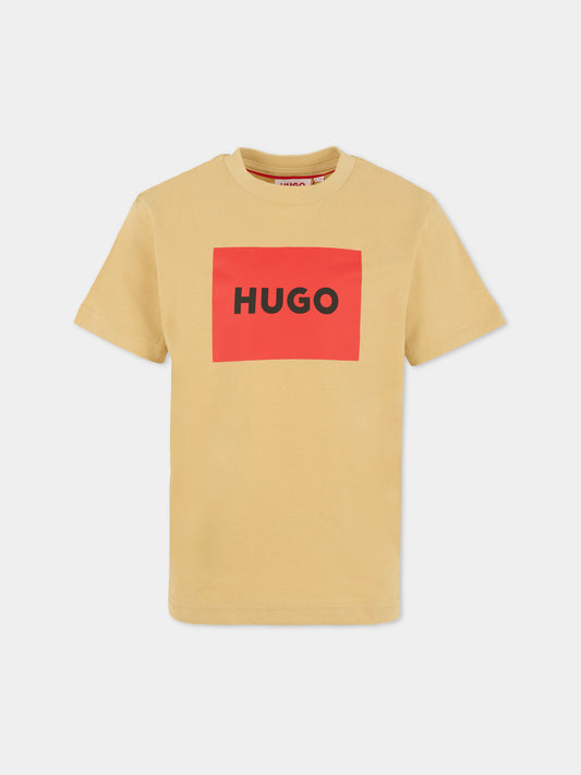 T-shirt beige per bambino con logo nero,Hugo,G00572 249