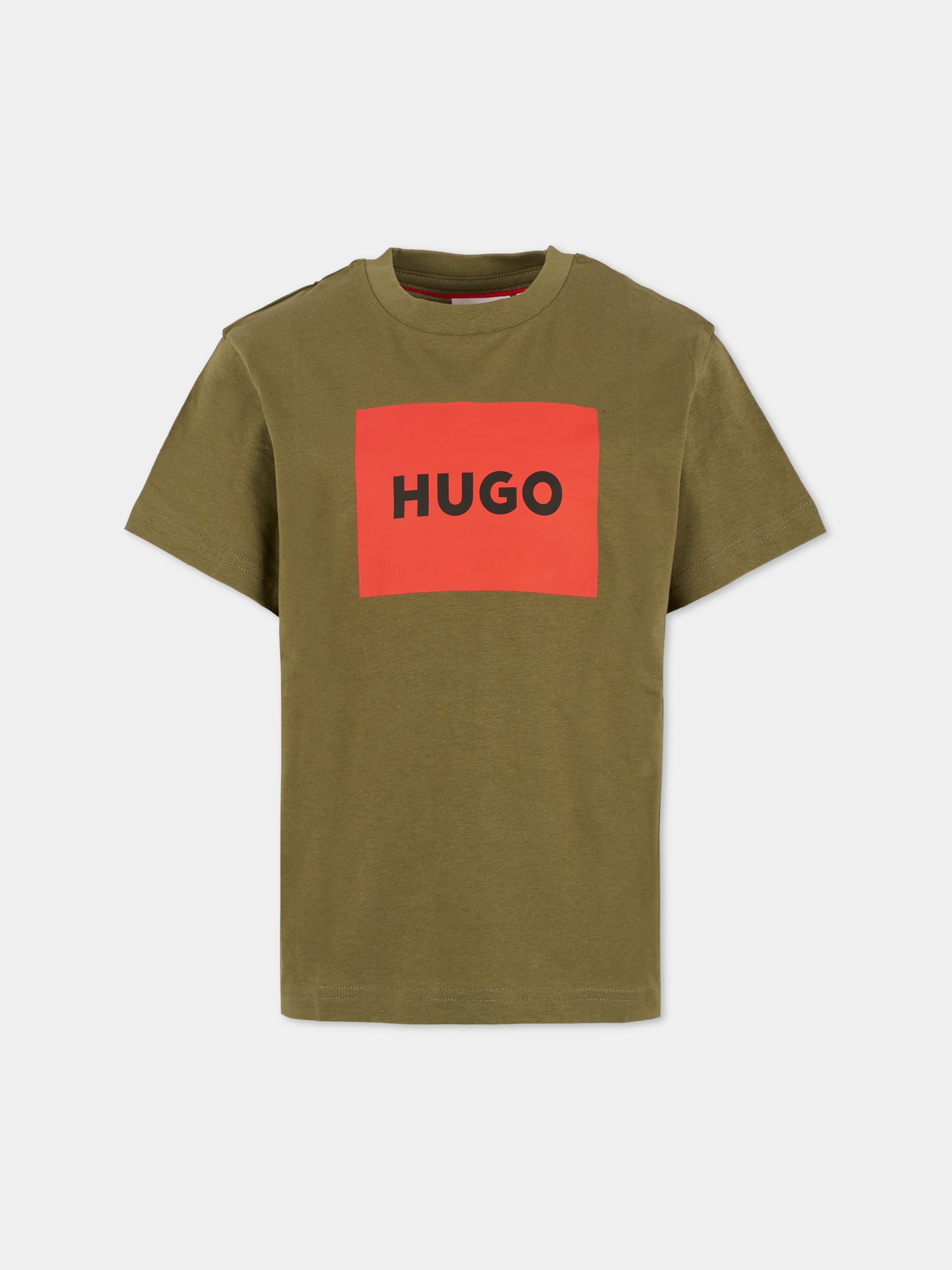 T-shirt verde per bambino con logo nero,Hugo,G00572 65F