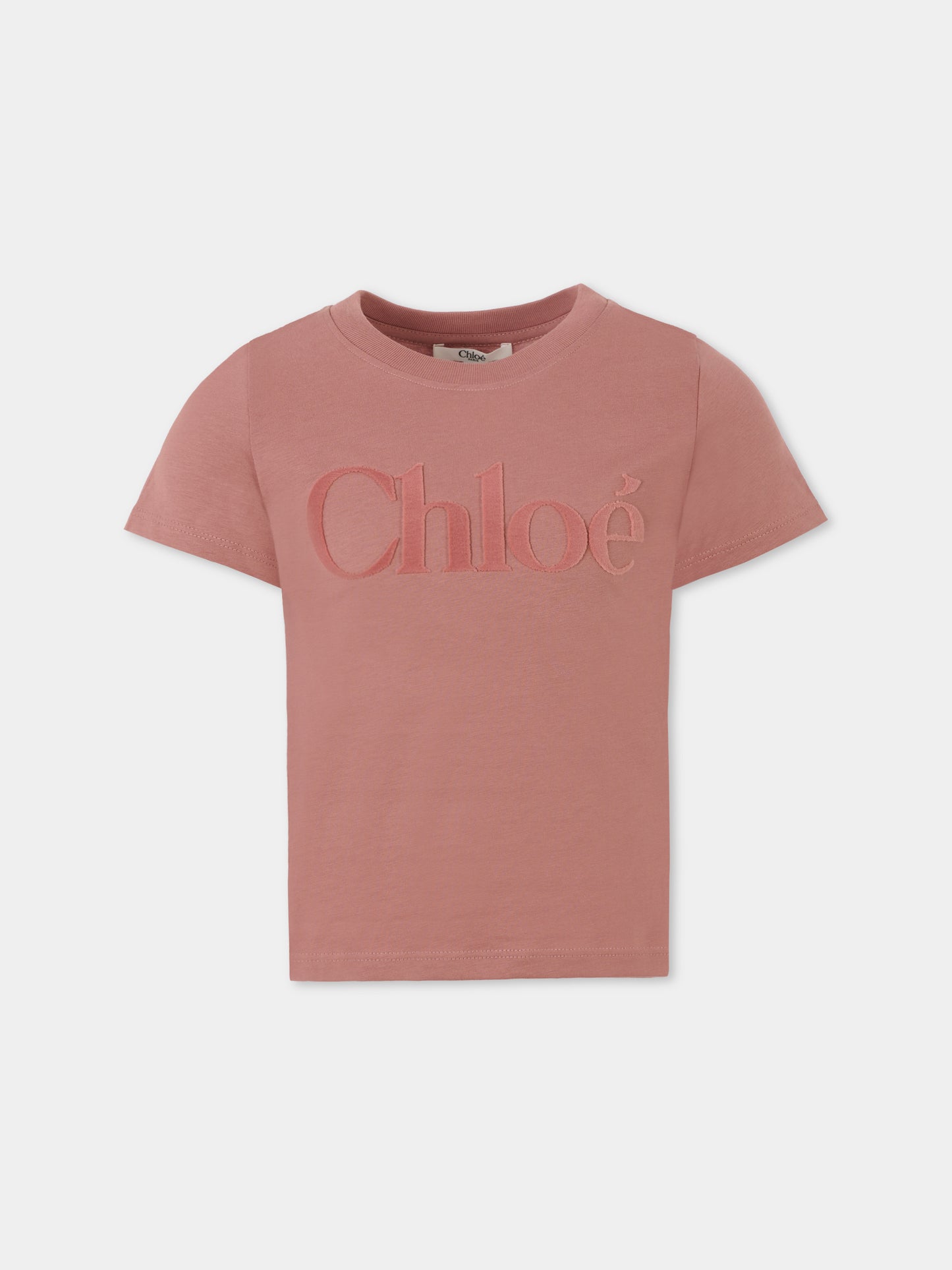 T-shirt rosa per bambina con logo in velluto,Chloé Kids,C20652 47K