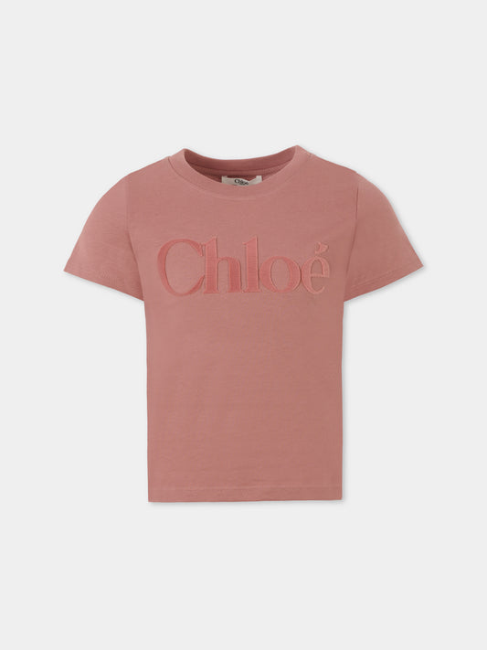 T-shirt rosa per bambina con logo in velluto,Chloé Kids,C20652 47K