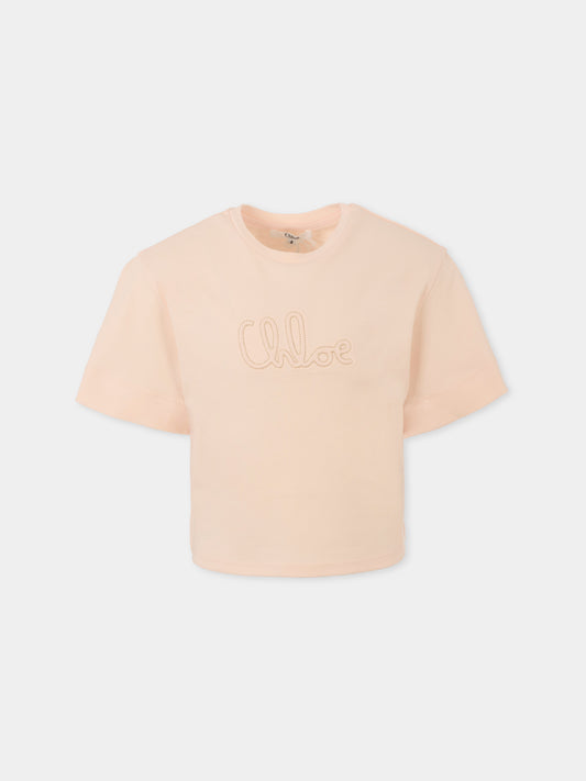 T-shirt rosa per bambina con logo ricamato,Chloé Kids,C20655 46J
