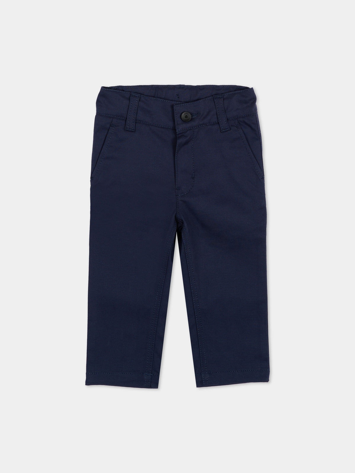 Blue trousers for baby boy with logo patch