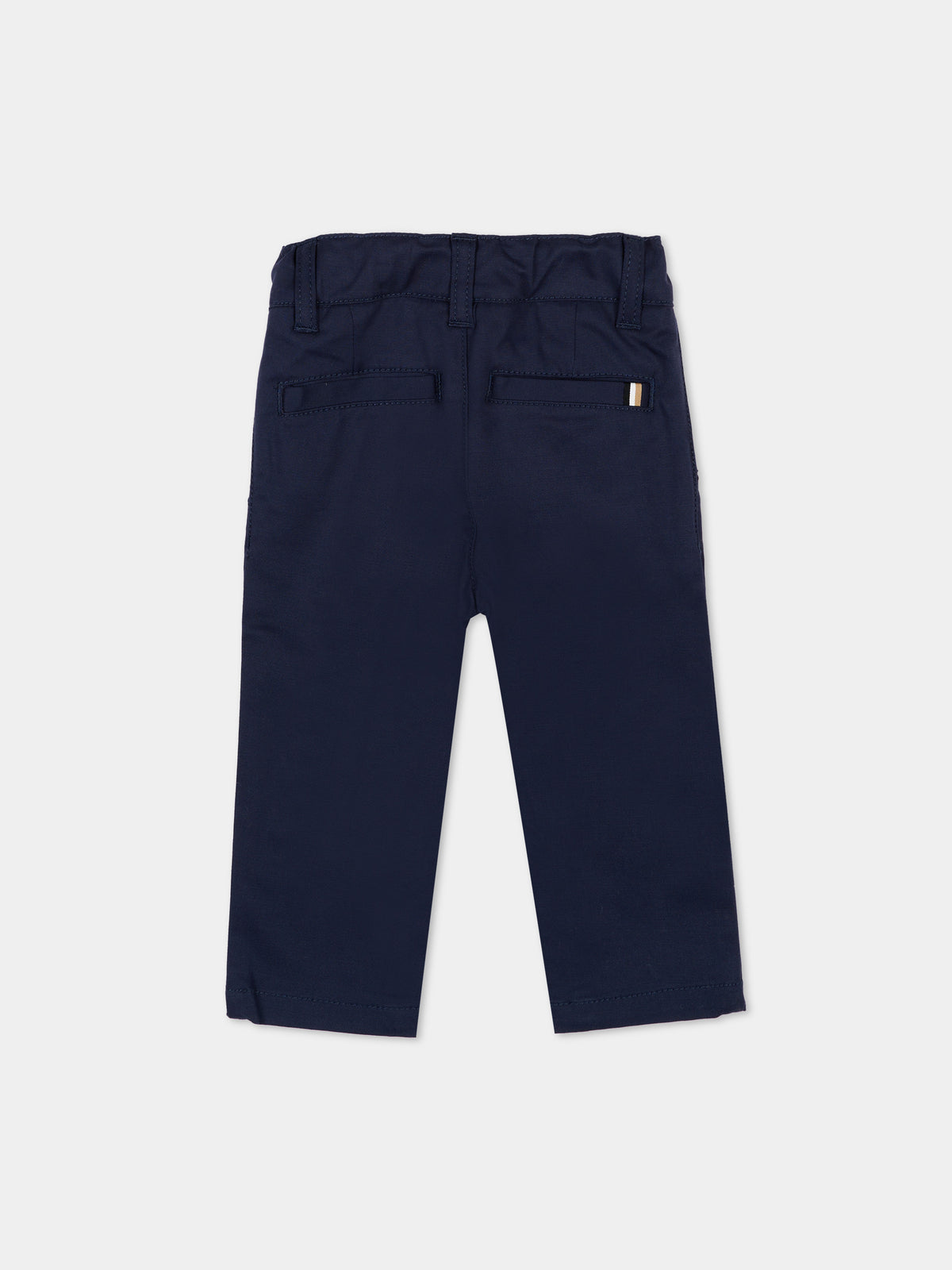 Blue trousers for baby boy with logo patch