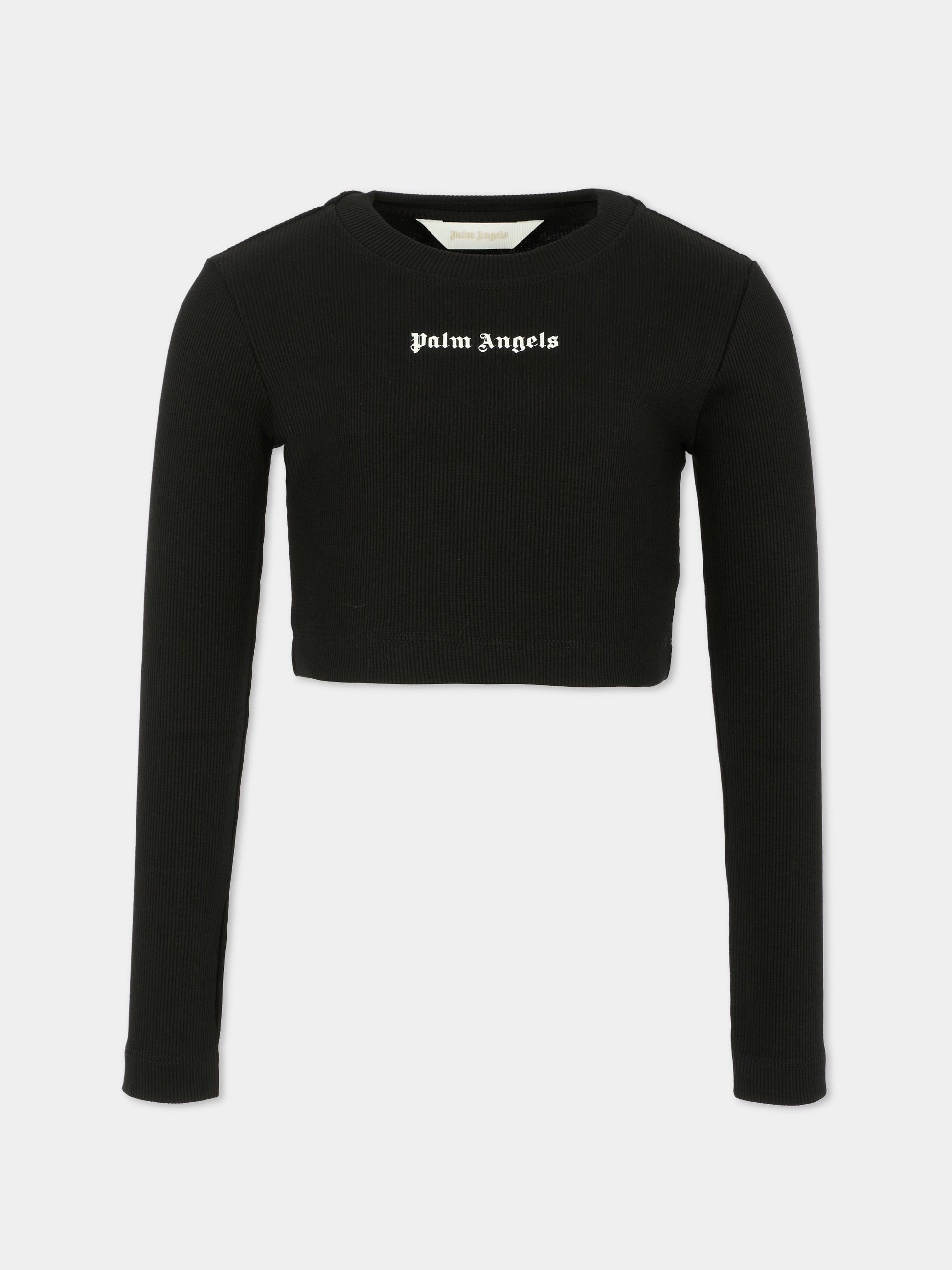 T-shirt crop nera per bambina con logo,Palm Angels,PGAB006F25JER0011003