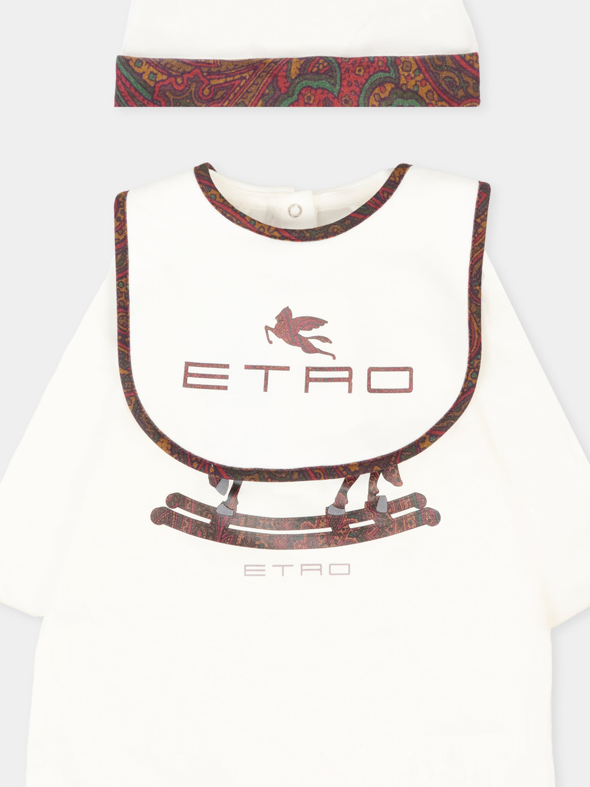 Set tutina avorio per neonati con Pegaso bordeaux e logo,Etro,GXB560 Z3186 101