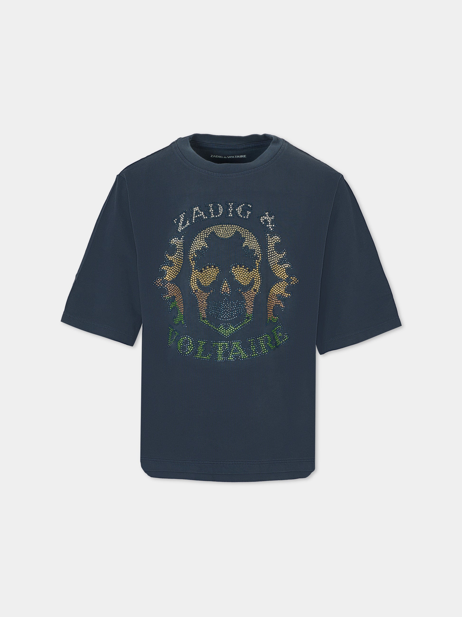 T-shirt blu per bambini con teschio,Zadig & Voltaire Kids,X60460 83D