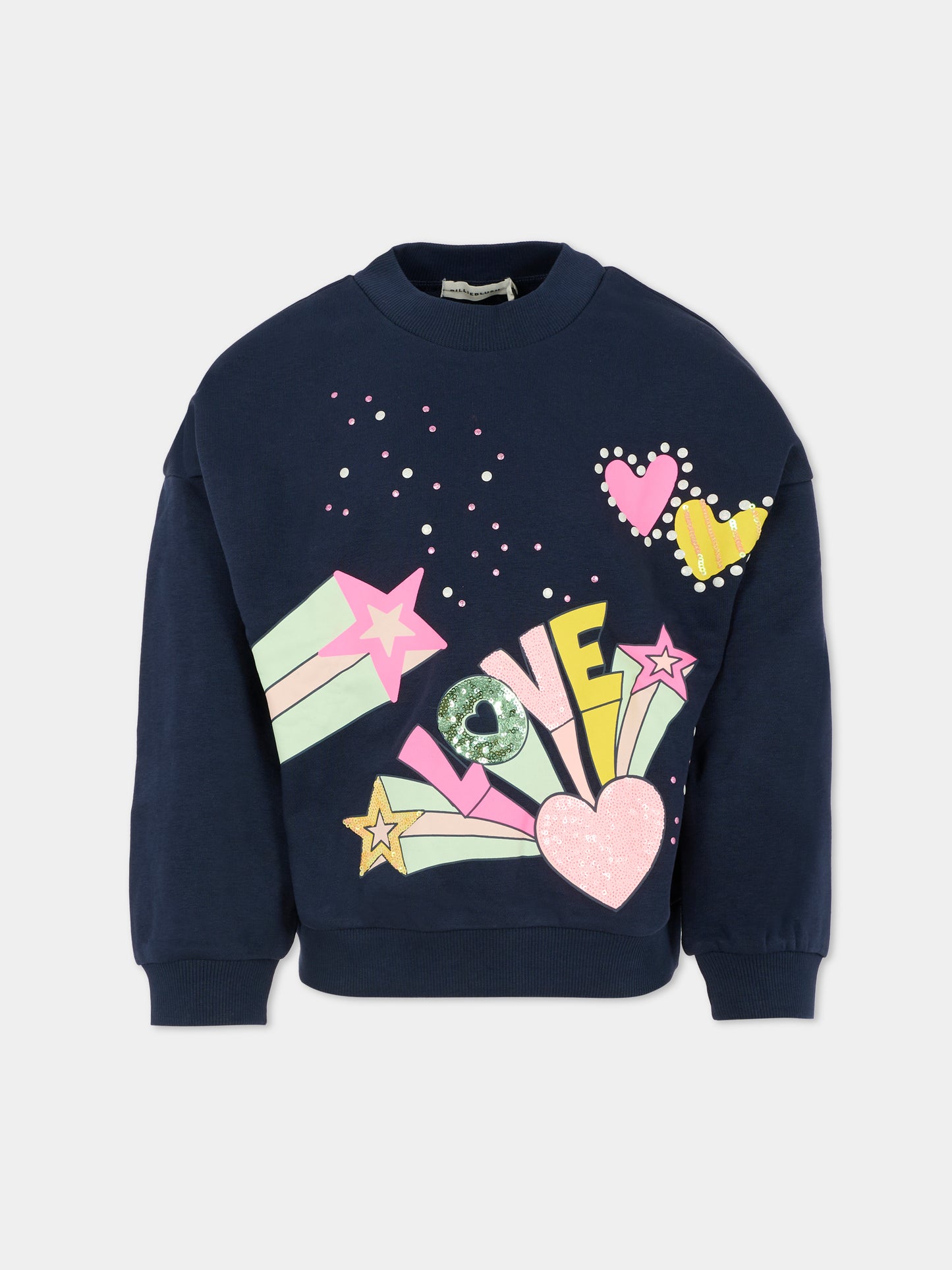 Felpa blu per bambina con cuori e paillettes,Billieblush,U21603 85T