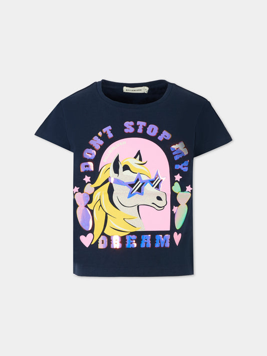 T-shirt blu per bambina con unicorno,Billieblush,U21630 85T