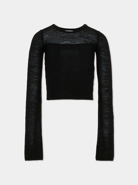 Top nero per bambina con logo,Pinko,KFMA008.C.FL085.N000