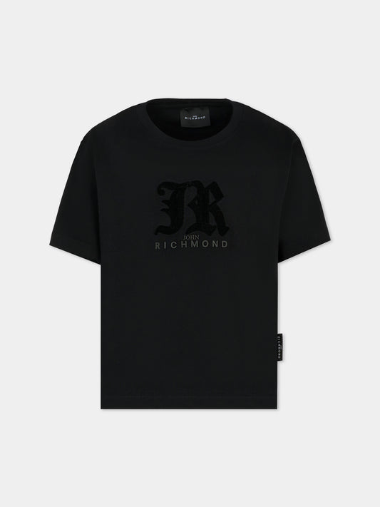 T-shirt nera per bambino con logo in velluto,Richmond,RBA25008TS BLACK