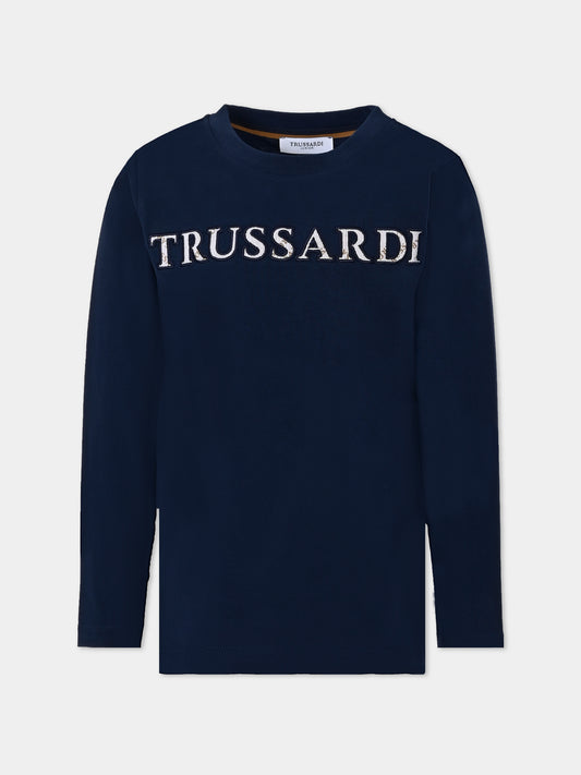T-shirt blu per bambino con logo,Trussardi Junior,TBA25044TS PEACOAT